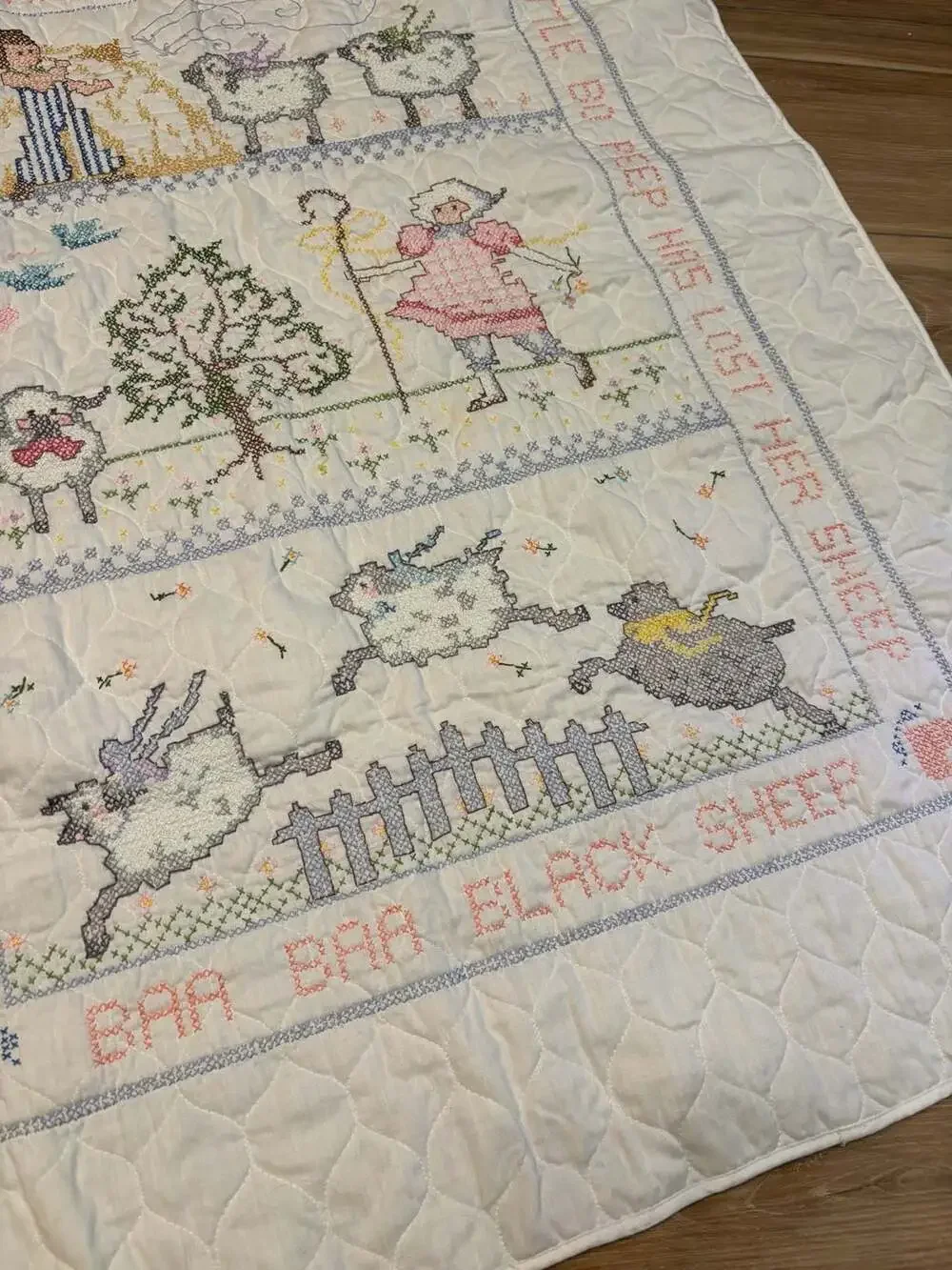 Vintage Hand-Stitched Nursery Rhyme Cross-Stitch Quilt